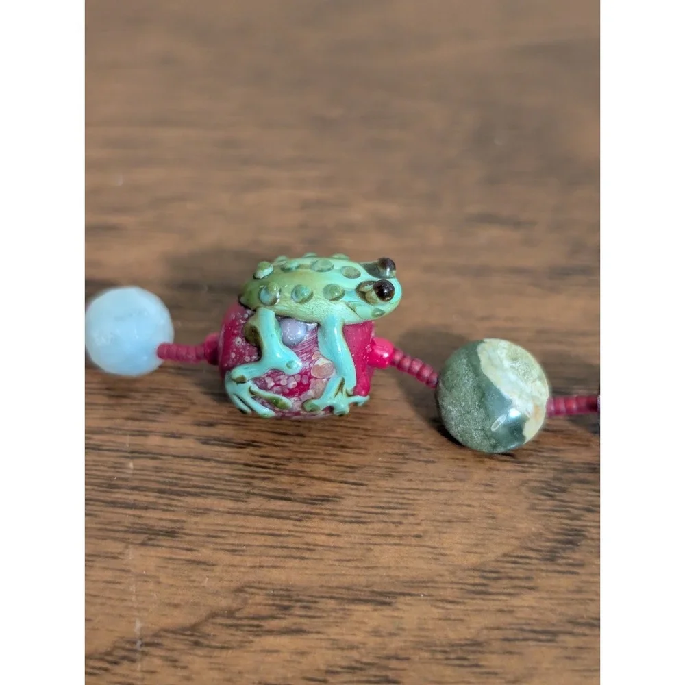 Vtg Lampwork Frog Beaded Necklace Fengshui Jin Chan Toad Amulet Pendant Jasper